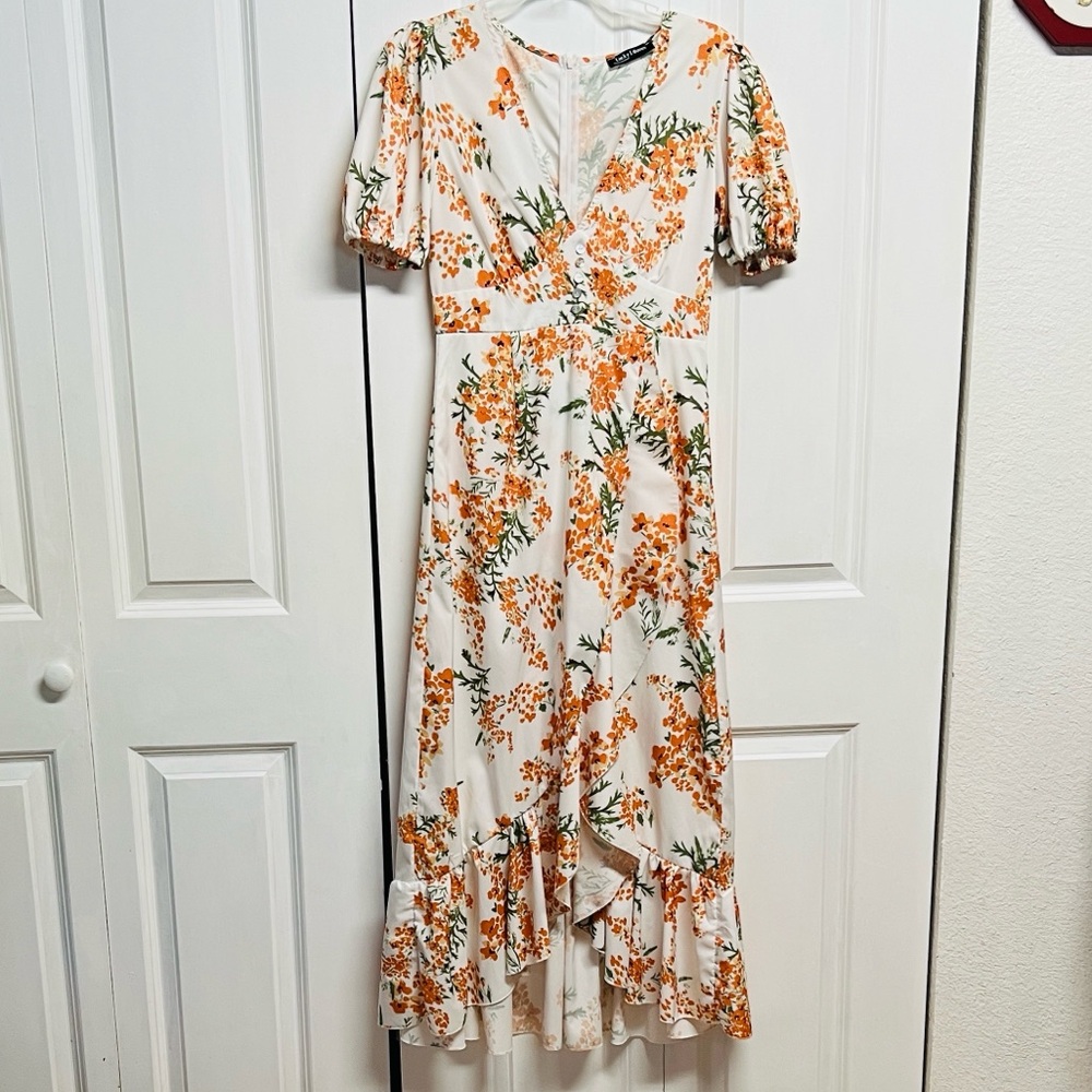 Puff-Sleeve Floral Wrap Midi Dress in White & Orange Size S